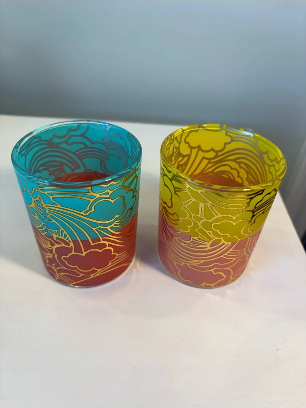 Set of 2 Colorful Cloud Pattern Glass Votives – Aqua & Yellow (HEAVY)